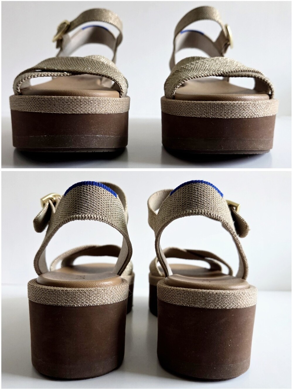Rothy's Criss-Cross Metallic Gold/ Tan & Camel Platform Sandals, Size 6 - Picture 5 of 16